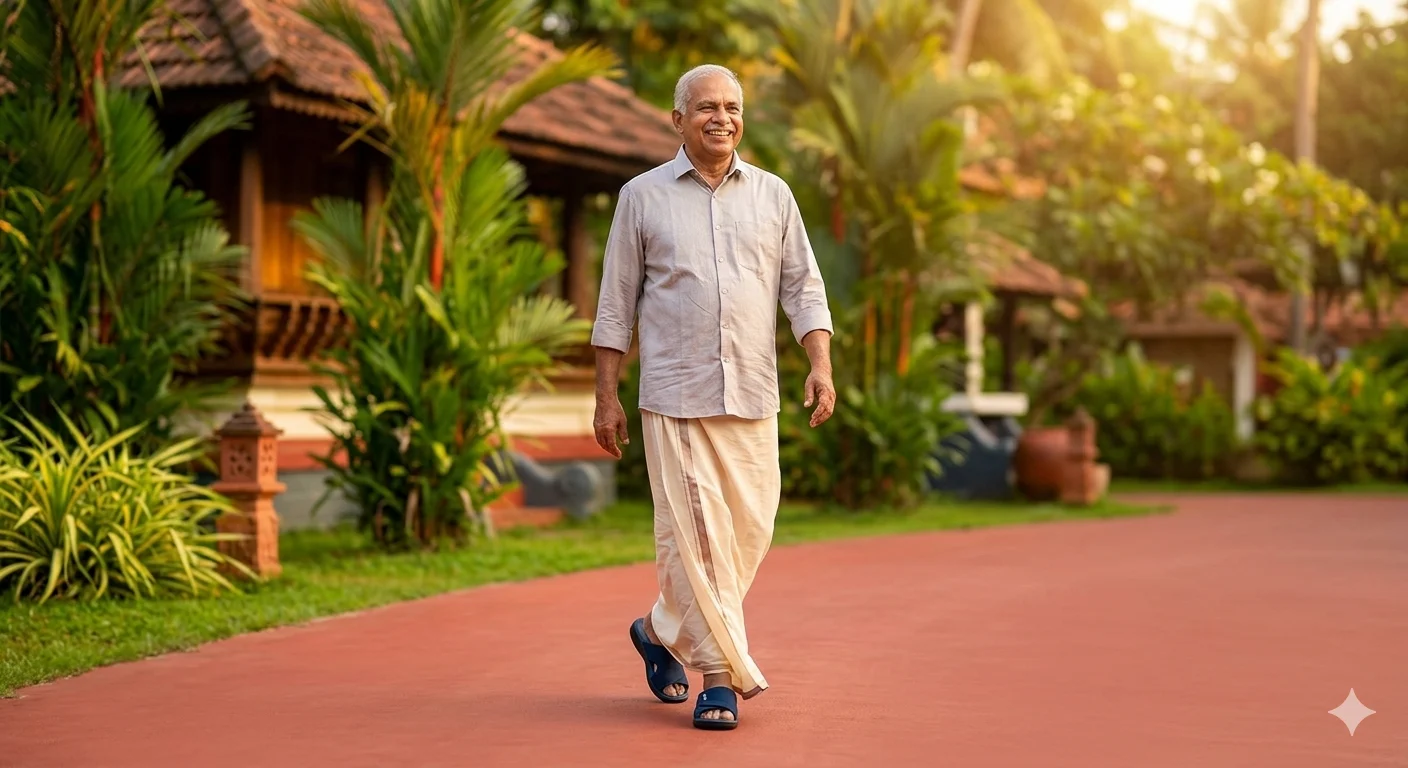 A happy senior man from Kerala, wearing a pair of dark blue Dr. Walk slippers, walking confidently on a smooth path in a lush garden, free of foot pain.