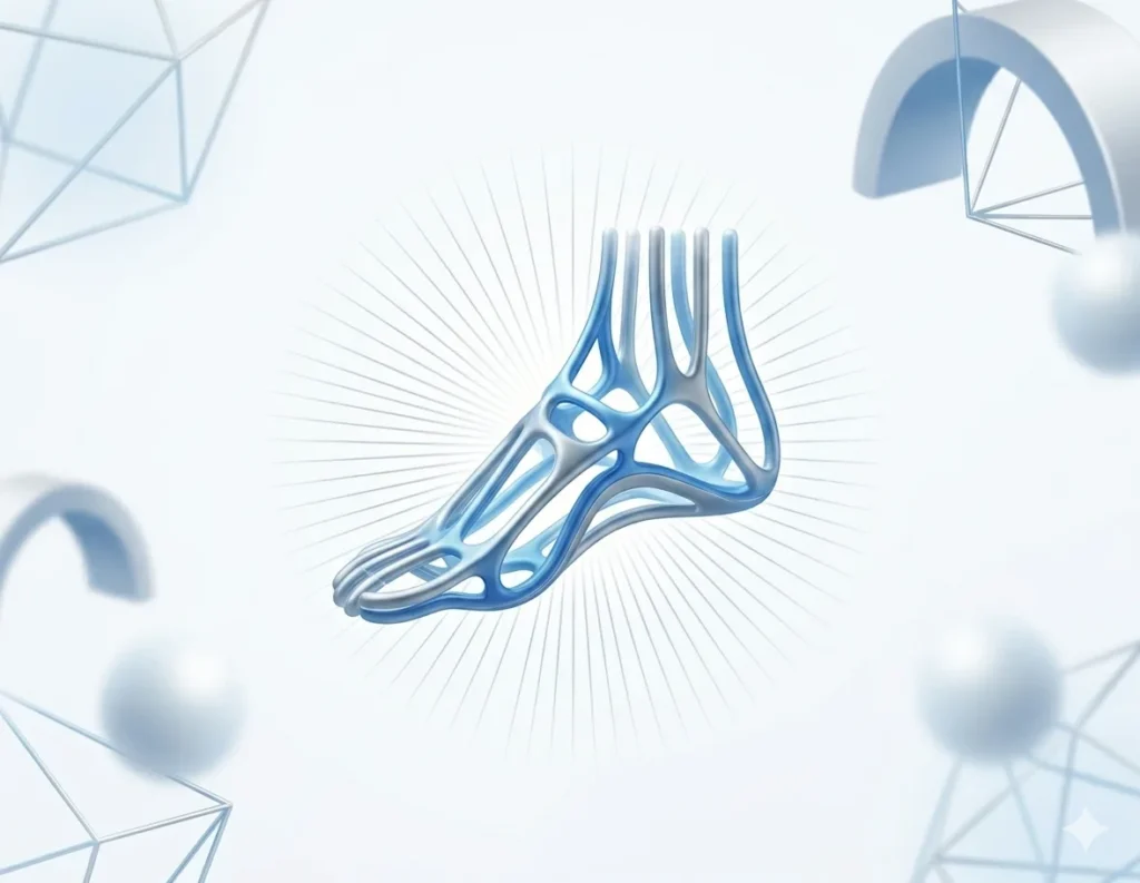 Abstract glowing 3D schematic of the human foot arch, illustrating structural alignment and stability.