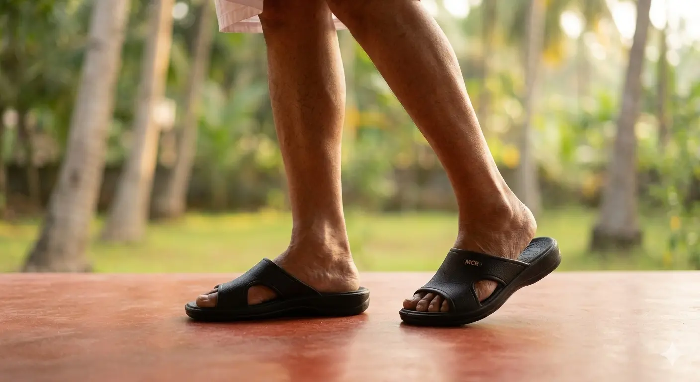 Dr. Walk Orthopedic Footwear for Elderly in Kerala An elderly person walking comfortably on a traditional Kerala verandah using Dr. Walk’s soft, orthopedic MCR slippers, designed for daily mobility and foot pain relief.