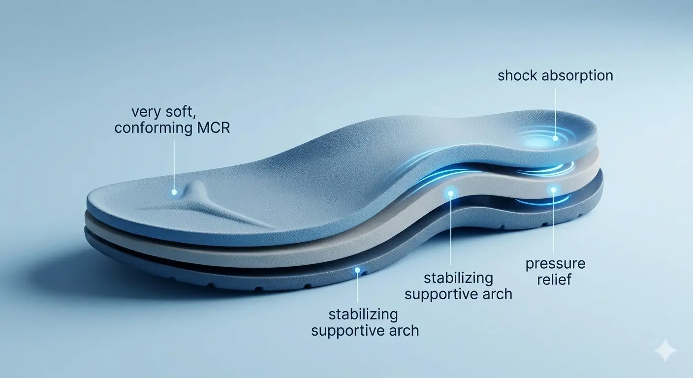 Technical Layered Design of Dr. Walk Orthopedic Sole A technically lit close-up visualization showing the multi-layered engineering structure of a Dr. Walk orthopedic slipper, highlighting the soft MCR core and supportive arch for shock absorption