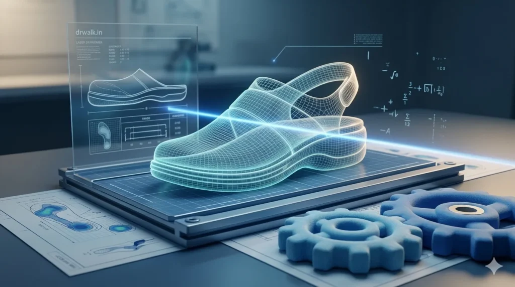 A 3D translucent engineering wireframe model of an orthopedic slipper resting on a technical blueprint with pressure point schematics and soft blue lighting.