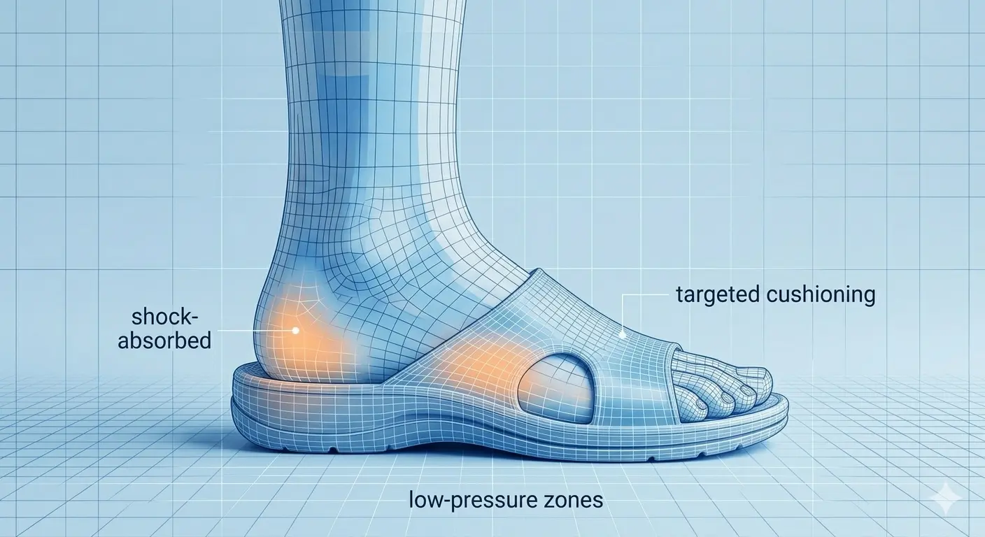 Dr. Walk's Target Cushioning Technology for Heel Pain Relief A precise technical visualization using blue light to map targeted cushioning within a Dr. Walk orthopedic sole, illustrating where it absorbs impact and provides relief for conditions like Plantar Fasciitis.