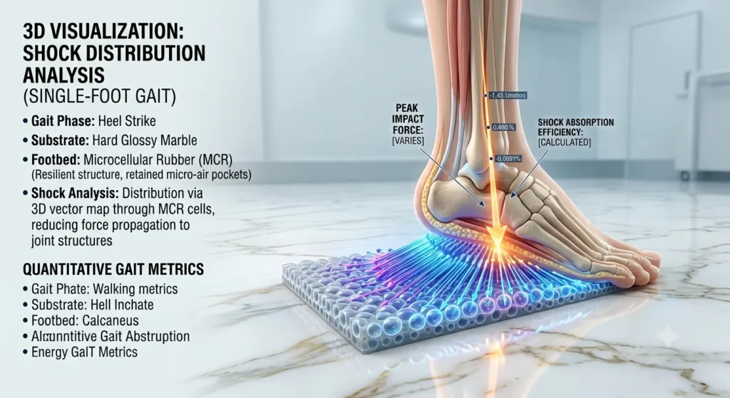 Diagram of foot impact forces on hard tile flooring comparing unpadded sole vs MCR orthotic support.