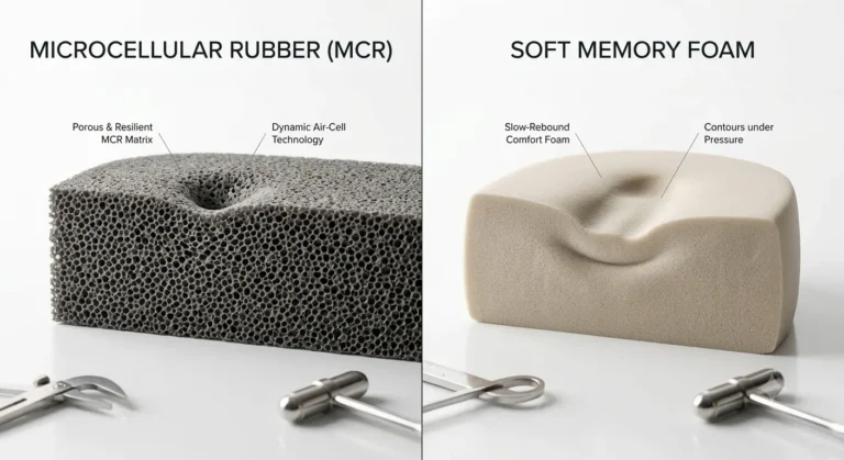Side-by-side cross-section comparing firm Microcellular Rubber structural support and soft memory foam cushioning