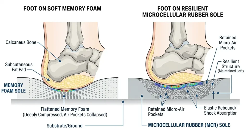 Diagram comparing memory foam flattening under weight versus MCR retaining shape and shock absorption.